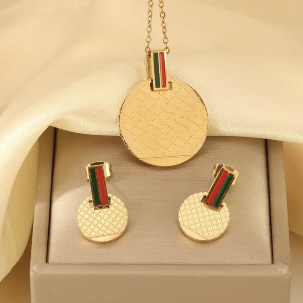 18K Gold Plated Luxurious Red & Green Monogram Necklace and Earrings set